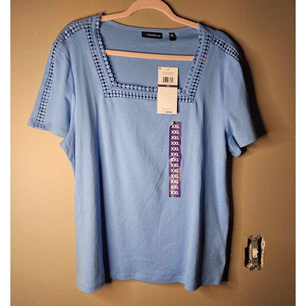 Rafaella Women Blue Solid Square Neck Crochet Trim Knit Pullover Top XXL